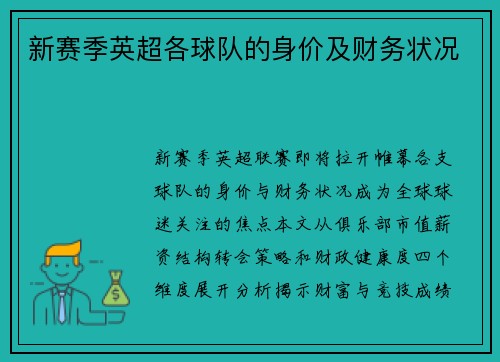 新赛季英超各球队的身价及财务状况